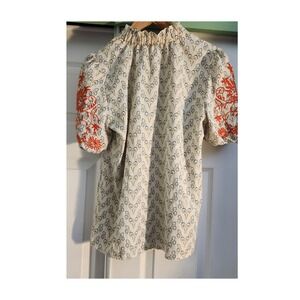 SHEIN Women Cream Embroidered Puff Sleeve Ruffle High Neck Blouse Top Size 6 M